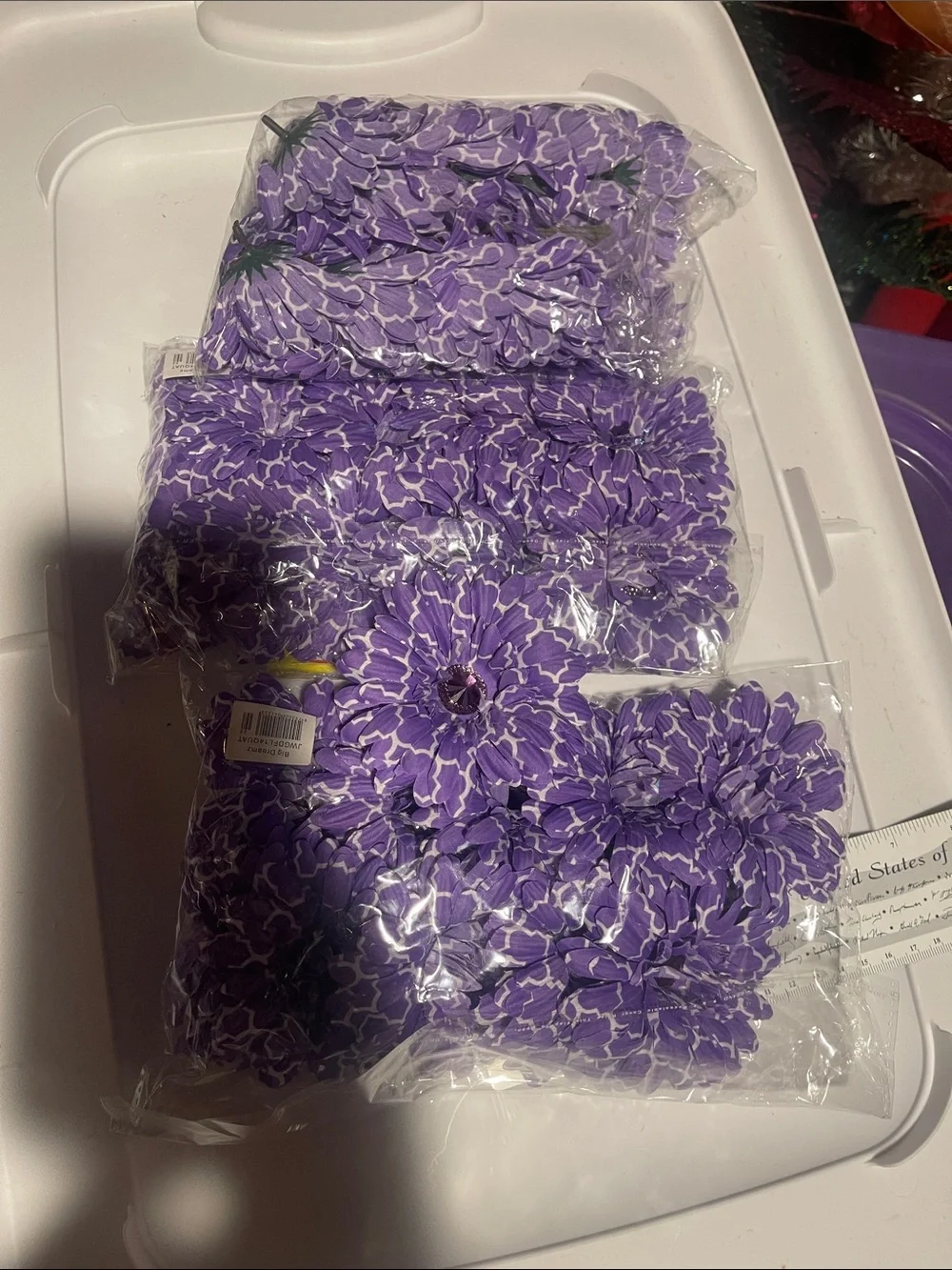 Purple & White Floral Fabric Flowers diy 3 dozen large crafts rhinestone Center